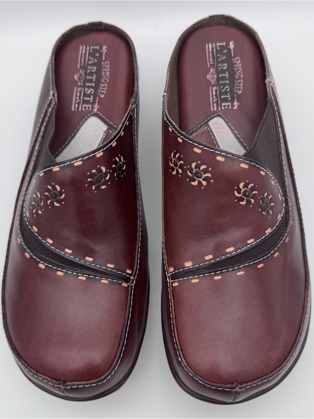 Spring Step L'Artiste Chino Brown Hand Painted Leather Clogs Women EU 40 US 9
